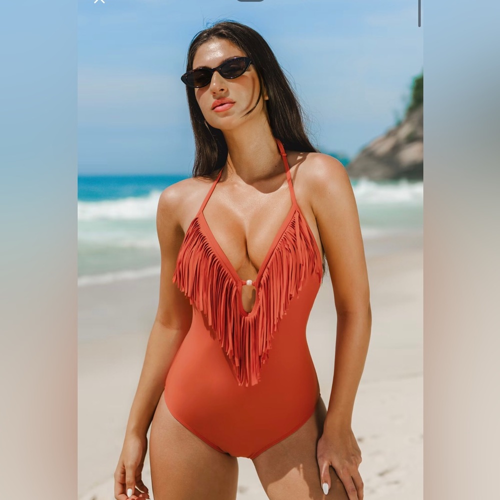Cupshe orange fringe halter one-piece swimsuit